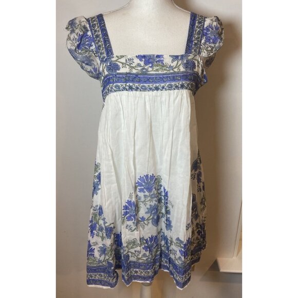 NWT Juliet Dunn London Babydoll Dress Flutter Sleeves Blue Green Size 0 2/4 - Picture 1 of 6
